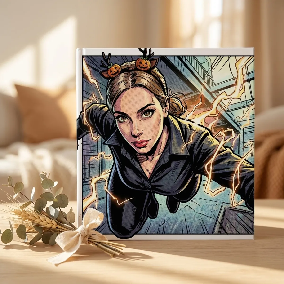 Hardcover book cover in vintage comic style