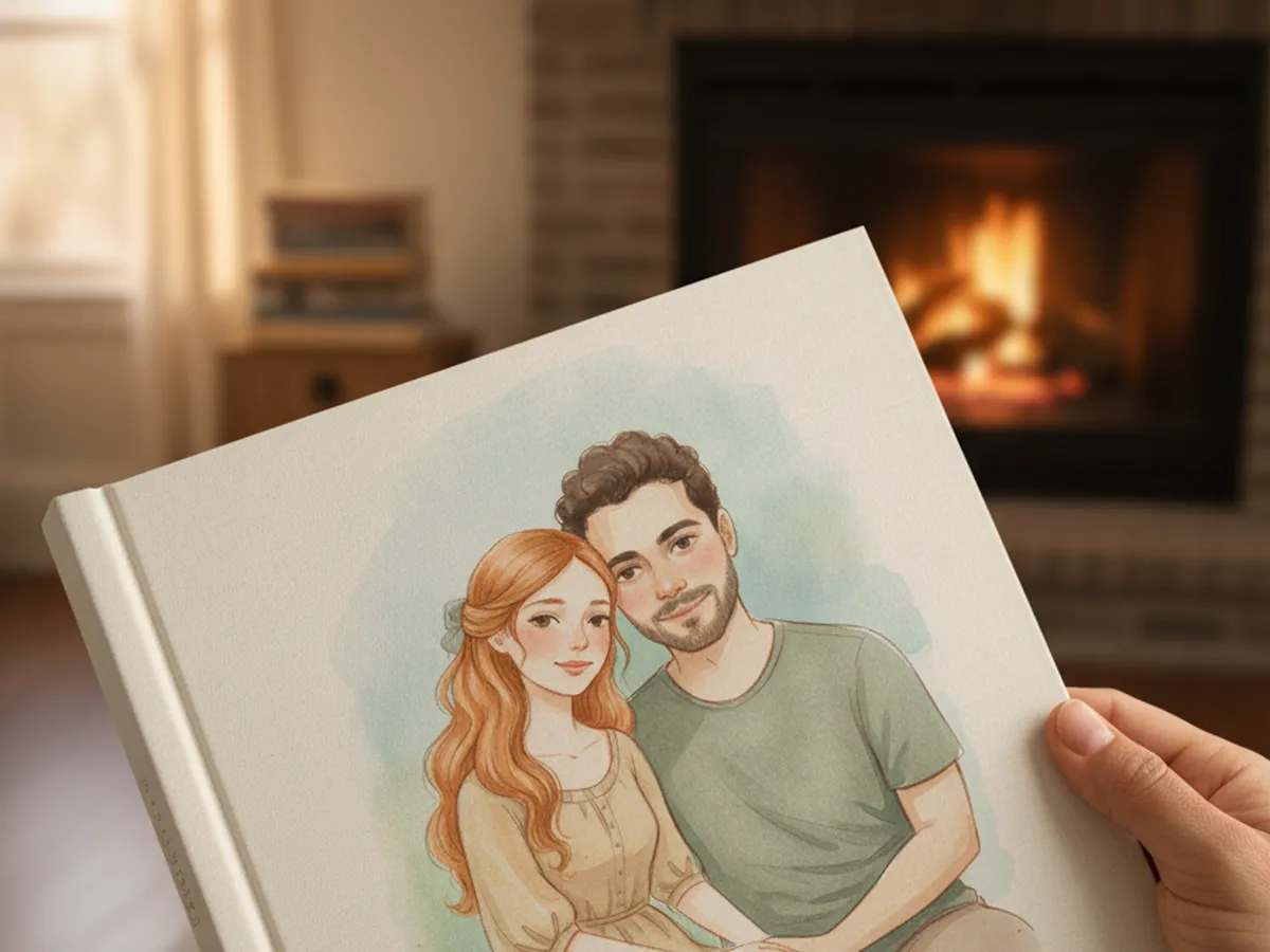 A Fableself hardcover held open by a fireplace, a watercolour couple illustrated on its cover