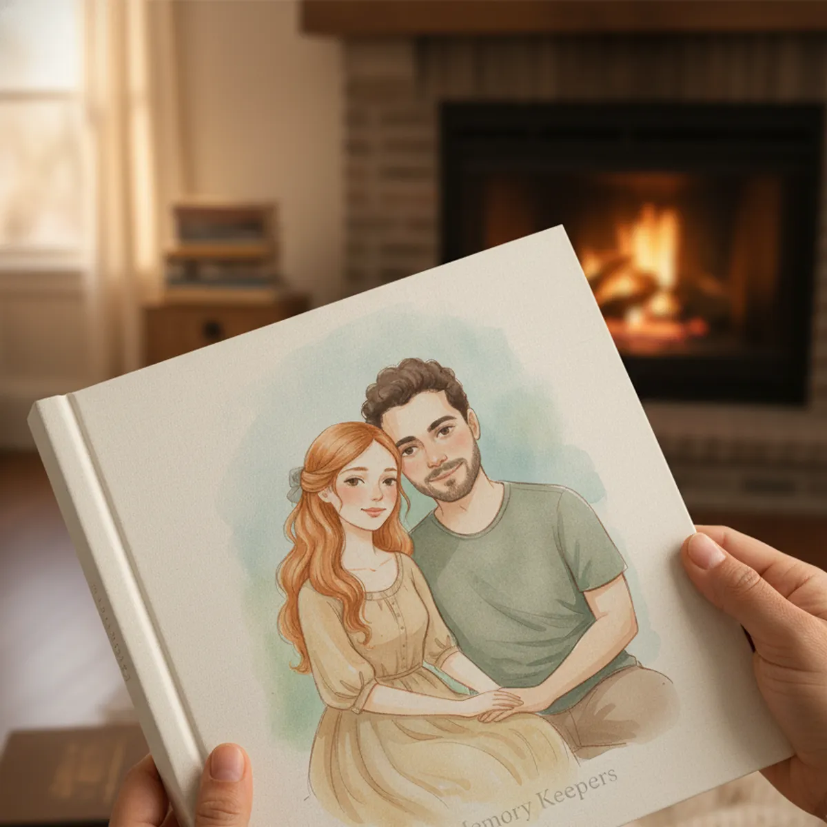 The open hardcover held by a fireplace, a watercolour couple on the page